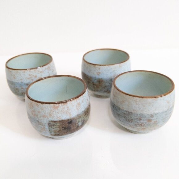 Set of 4 Ceramic Blue Sake Cups Japan Natural Drinkware Sushi Spring Design Set - Picture 1 of 4